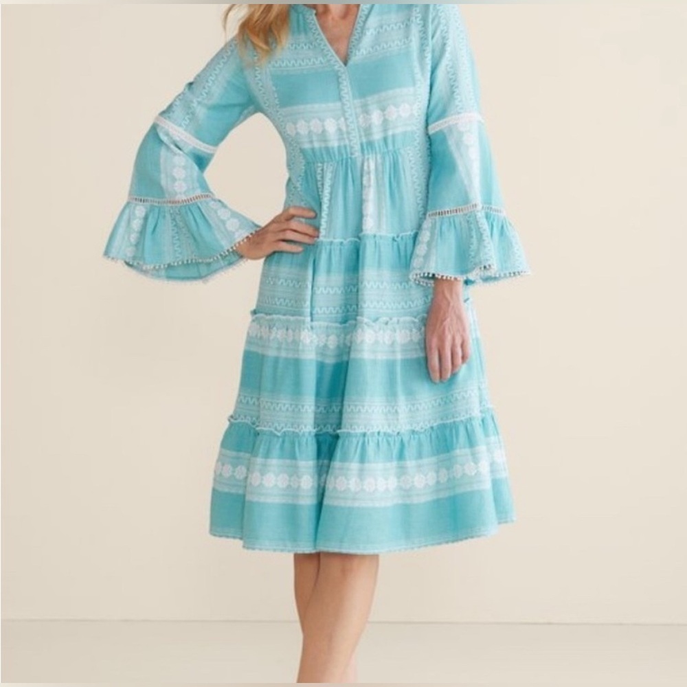 Soft Surroundings Aqua Blue Tiered Lace-Trim Long Sleeve Dress- Size L